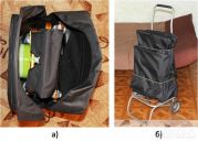 Рисунок 10 - Рюкзак из комплекта: а) - внешний вид рюкзака с креслом внутри; б) - крепление рюкзака с креслом к тележке